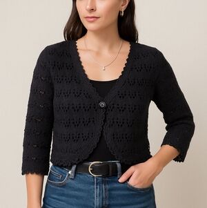Black Knit Cropped Cardigan Sweater with Scalloped Edge & Single Button Closure